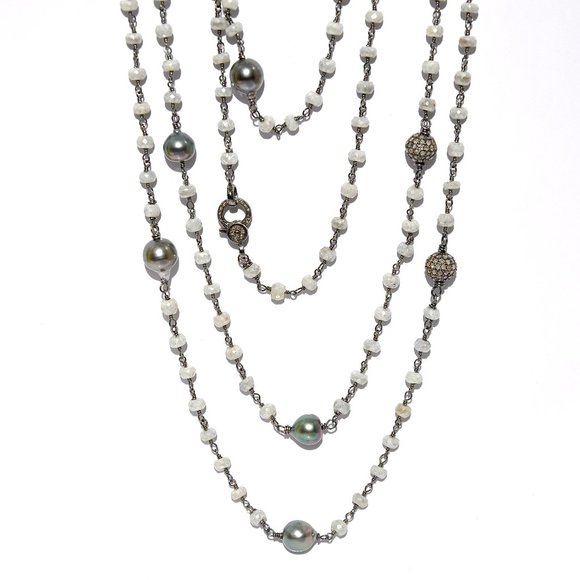Tahitian Pearl & Diamond Station Long White Sapphire Necklace